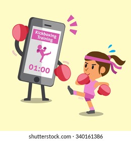 Cartoon smartphone helping a woman to do kickboxing training