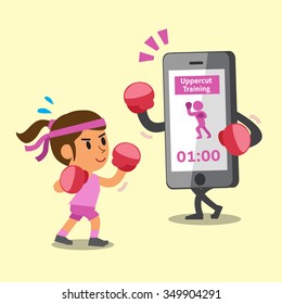Cartoon smartphone helping woman to do uppercut punch training