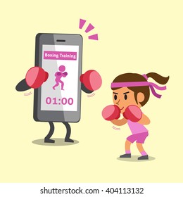 Cartoon smartphone helping a woman to do boxing training