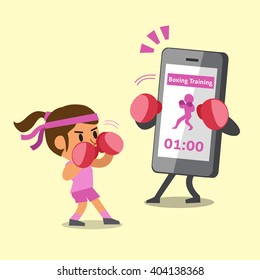 Cartoon smartphone helping woman to do boxing training