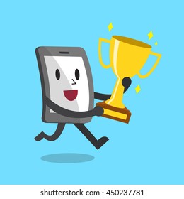 Cartoon smartphone holding trophy