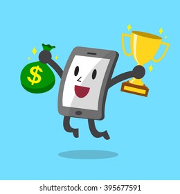 Cartoon smartphone holding trophy and money bag