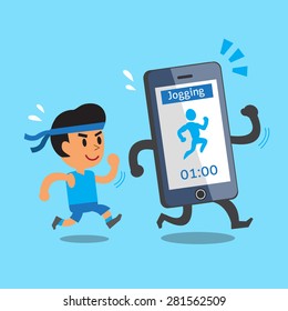 Cartoon smartphone jogging with a man