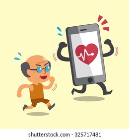 Cartoon smartphone jogging with old man