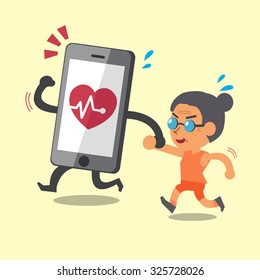 Cartoon smartphone jogging with old woman
