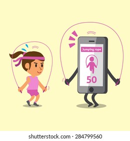 Cartoon smartphone jumping rope with a woman