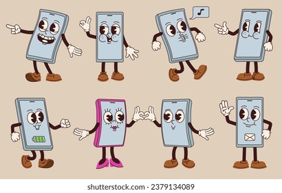 Caricatura de una mascota de smartphone. Personajes de teléfonos móviles, divertida pantalla de gadget con estilo de animación de los años 30 cara y mangueras de goma e ilustraciones vectoriales de caracteres comunicación telefónica