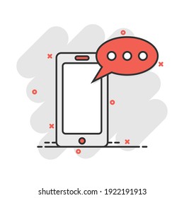 Cartoon Smartphone With Message Icon In Comic Style. Mobile Phone Illustration Pictogram. Smartphone Splash Concept.