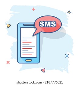 Cartoon Smartphone With Message Icon In Comic Style. Mobile Phone Illustration Pictogram. Smartphone Splash Concept.