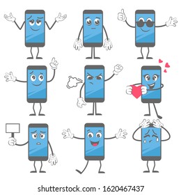 Cartoon smartphone. Mobile telephone mascot action poses with hands and legs in boots tablet character vector picture