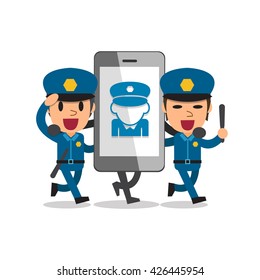 Cartoon smartphone with policemen