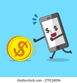Cartoon smartphone running to catch money coin