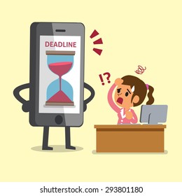 Cartoon smartphone showing work deadline to a businesswoman