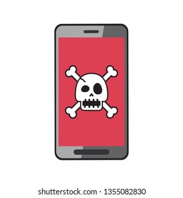Cartoon smartphone with skull and bone for design.