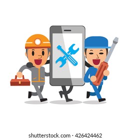 Cartoon smartphone with technicians