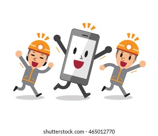 Cartoon smartphone with technicians