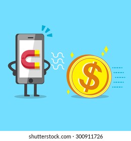 Cartoon smartphone using magnet icon to attracts big money coin