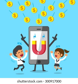Cartoon smartphone using magnet icon to attracts money coins