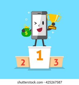 Cartoon smartphone winner standing on a podium with reward