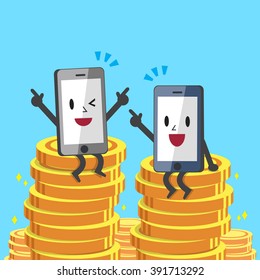 Cartoon smartphones sitting on money coins