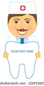 cartoon smile dentist with tooth and place for text