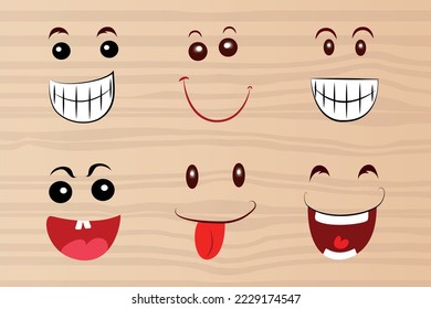 Cartoon smile expressions faces vector illustration set 