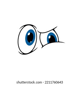 Cartoon lächelt Gesicht Charakter, Comic Augen Symbol, Vektorlustige Emotionen. Augen lächeln mit verdächtigem Gesichtsausdruck, blaue Augen Emoticon mit Zweifelsquint oder Schraubstock