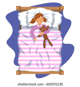 Cartoon smile little girl sleeping in the bed with teddy bear. Sweet dreams. Kid's activity. Vector Illustration