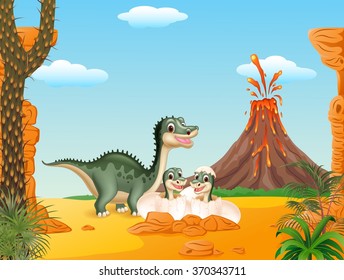 Cartoon smile mom tyrannosaurus dinosaur and baby dinosaurs hatching with prehistoric background