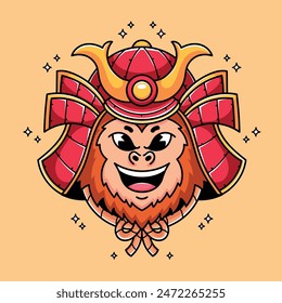 Cartoon smile monkey samurai head