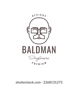 cartoon smile old man bald head sunglasses mustache line hipster logo design vector