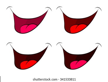 Cartoon smile set, mouth, lips with teeth and tongue. vector illustration isolated on white background