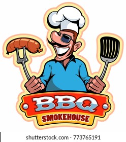 A cartoon smiled mustached cook chef character holding a grilled meat, vector cartoon character.