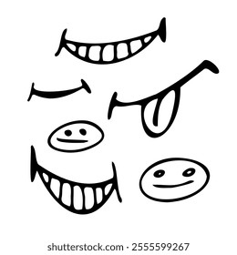 Cartoon smiles and smiles with a cheerful, smiling, thoughtful expression. A hand-drawn mouth, a cartoon tongue icon. A collection of funny mouth comics