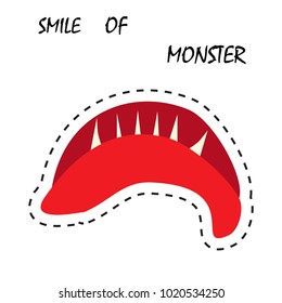 Cartoon smiles of monster. Red lips and sharp teeth. Isolated elements. Vector illustration.