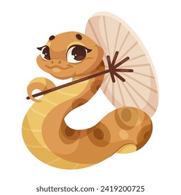 Cartoon smiles snake with umbrella isolated on white background. Little child snake character. Chinese horoscope zodiac sign, year of the snake 2025. Friendly character of reptile. Vector illustration
