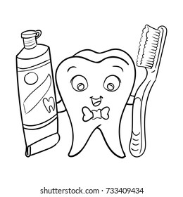 Cartoon smiley dental Tooth holding tooth paste and tooth brush-Vector character design.
