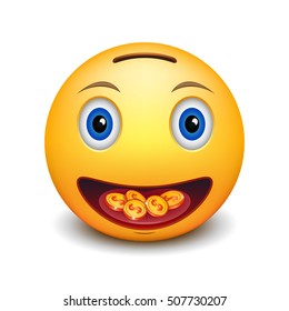 Cartoon smiley as piggy bank with coins in opened mouth. Vector isolated illustration. 