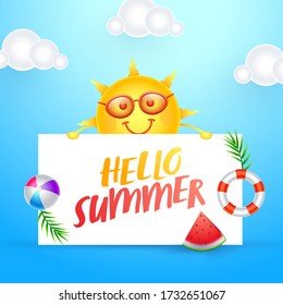 Cartoon Smiley Sun holding Hello Summer Text Paper with Realistic Beach Ball, Swimming Ring, Watermelon Slice and Clouds on Glossy Blue Background.