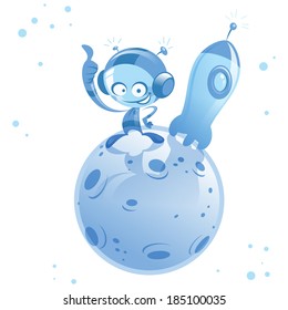 Cartoon smiling alien astronaut in small planet with spacesuit and spaceship making a thumb up gesture