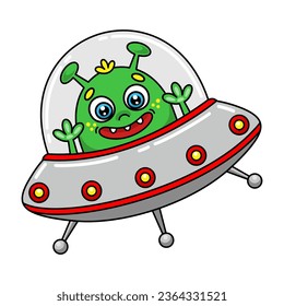 Cartoon smiling alien in flying saucer. Cute space extraterrestrial. Isolated vector colorful illustration of ufo on white background. Colored clipart on a cosmos theme.