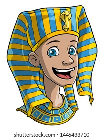 Cartoon smiling ancient egyptian pharaoh boy in traditional clothes. Isolated on white background. Vector avatar icon.