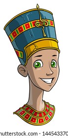 Cartoon smiling ancient egyptian princess girl in traditional clothes. Isolated on white background. Vector avatar icon.