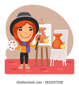 Cartoon smiling artist girl paints a picture on an easel. Composition with a professional. Flat female character.