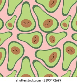 Cartoon smiling avocado seamless pattern, texture, background, wallpapers, endless ornament, repeating print. Children vector illustration for textiles, wrapping paper, fabric, packaging, cover