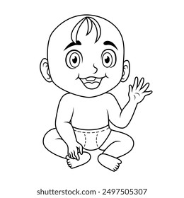 cartoon smiling baby waving hand line art