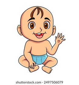 Cartoon smiling baby waving hand