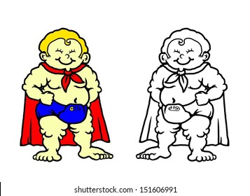 Cartoon of a smiling baby wearing a colorful super hero cape. 