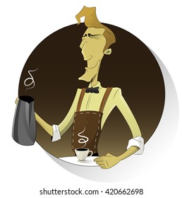Cartoon smiling barista  in apron making coffee . Character vector illustration. 