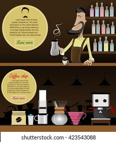 Cartoon smiling barista  in apron making coffee . Character vector illustration. 